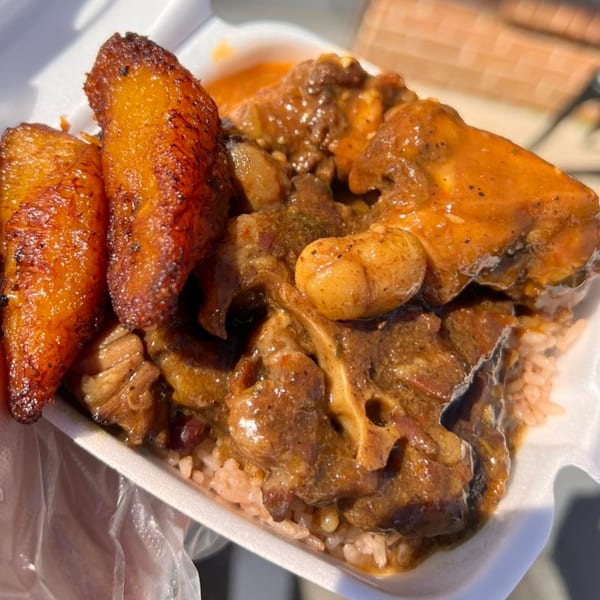 Soul food meal with oxtail, chicken, rice, and fried plantains in a white takeout container.