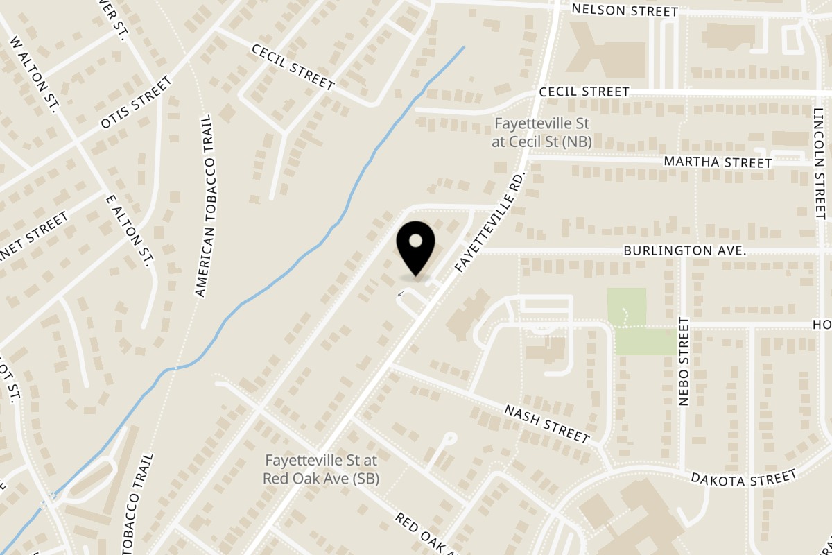 Map showing the location of Let's Eat Soul Food Fayetteville St on 2514 Fayetteville St in Durham